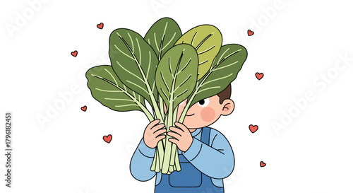 A Young Gardener Holding Fresh Greens, Surrounded by Loving Hearts, Black Background
