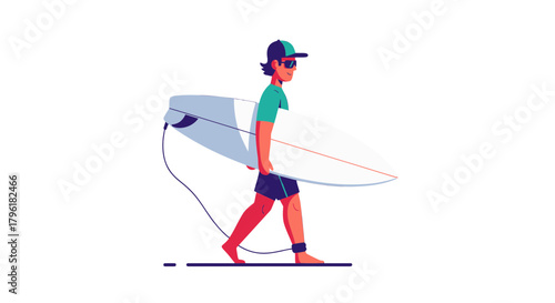 A Young Surfer Strolls With His Board, Ready To Carve The Ocean Waves Skillfully