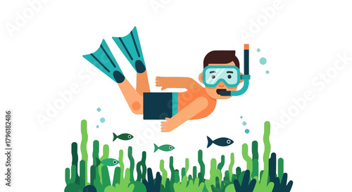 A Person Scuba Diving Depicted Swimming Amongst Oceanic Foliage and Underwater Creatures