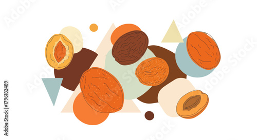 Abstract Art Featuring Apricots and Geometric Shapes on a Black Background Design