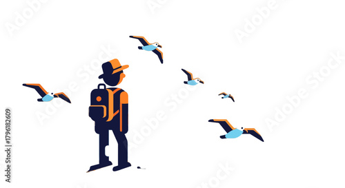 A Person Watches Flying Birds With a Backpack in a Dark Black Design Concept