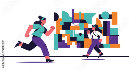 Abstract Geometric Running People Illustration Against a Black Backdrop for Modern Design