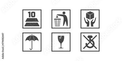 set of packaging symbols showing weight limit, disposal, handling, and fragility warnings