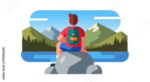 A Person With Backpack is Enjoying Landscape and Mountain View From a Rock