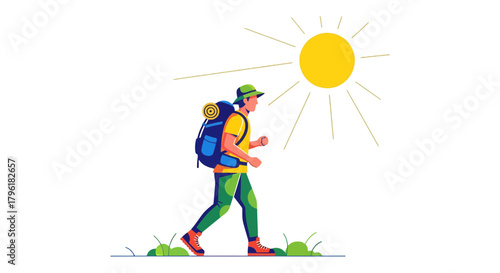 A Person With Backpack Hiking Near The Sun Under The Black Background