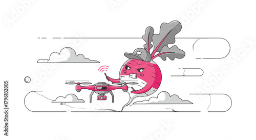 A Radish Character Flying a Drone in a Whimsical and Modern Illustration Design