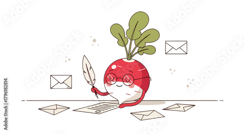 A Radish Character Writes Letters with a Feather Pen with Various Envelopes And Black Background