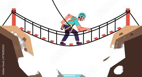 Adventure Seeker Navigates Suspension Bridge Across A Deep Abyss Successfully
