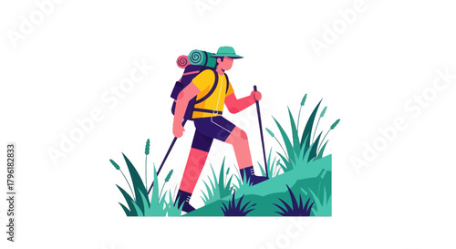 Adventurer Ascending A Hill, Exploring Nature And Enjoying Wilderness Hiking In The Countryside