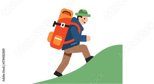 Adventurer Ascending A Verdant Slope With A Backpack, Achieving Height, And Endeavoring Forward