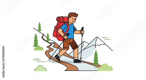 Adventurer Ascending Mountain Trail with Backpack and Trekking Poles for Exploration Journey