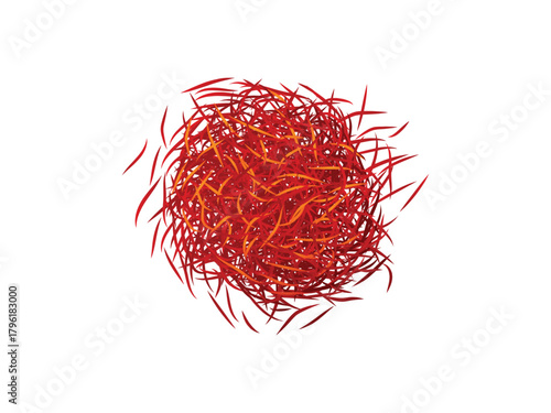 heap of vibrant red saffron threads on white background in top down view style image