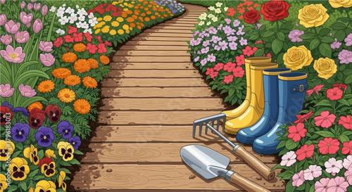 A vibrant illustration of a wooden garden path winding through blooming roses and colorful flowers. Gardening boots, a rake, and a shovel rest near the path, symbolizing spring work 