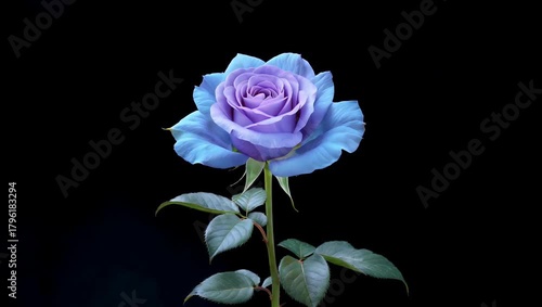 Witness the delicate transformation in this high quality 4K time lapse stock video of a purple blue rose plant blooming where a single violet flower opens its bud and its petals move gracefully