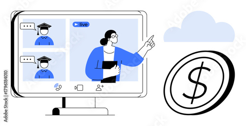 Virtual class screen with educator and students in caps, live session, dollar coin, cloud. Ideal for e-learning, remote teaching, digital payment, online business, education technology financial