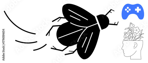 Black fly in motion with lines, blue gaming controller, silhouette of head holding blooming flowers. Ideal for creativity, gaming, nature, innovation, mental wellness, abstract design simple flat