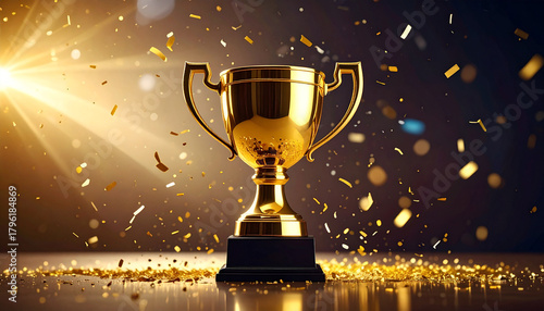 Golden Trophy Symbolizing Achievement and Success with Confetti.