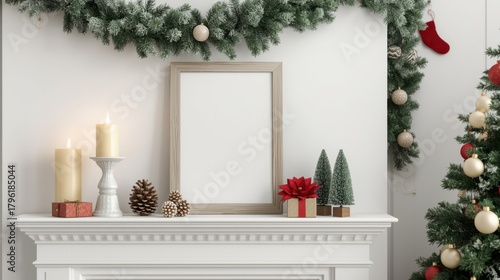 Blank vertical frame mockup on a Christmas decorated mantelpiece with candles.