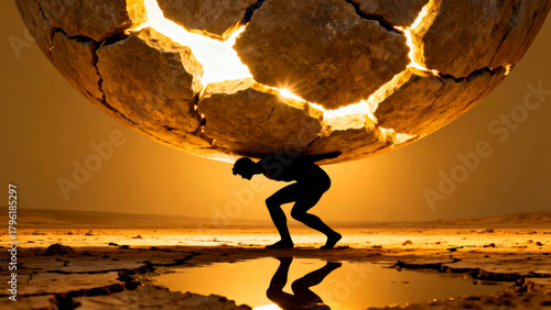 Silhouette of a man carrying a cracked glowing sphere in a desolate landscape symbolizing burden strength and resilience against adversity in a conceptual art piece with warm tones and reflection