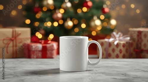 Wallpaper Mural Blank white mug mockup with blurred Christmas tree and gifts in the background. Torontodigital.ca