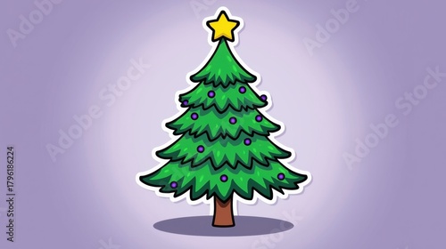 Simple cartoon Christmas tree decorated with a star on a purple background.