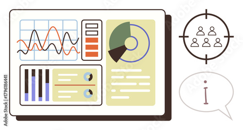 Analytics dashboard displaying graphs, pie chart, and data bars with a target audience focus and info bubble. Ideal for business, data analysis, marketing, reporting, UX design, research simple flat