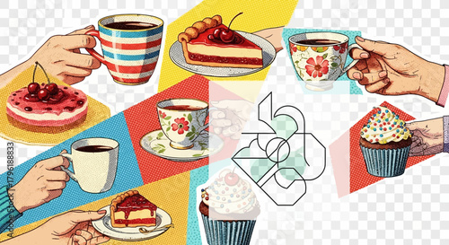 Colorful collage of hand-drawn sweet treats and drinks with geometric pattern overlays