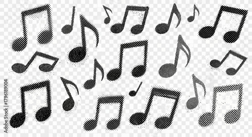 Black and white halftone music notes vector background design illustration