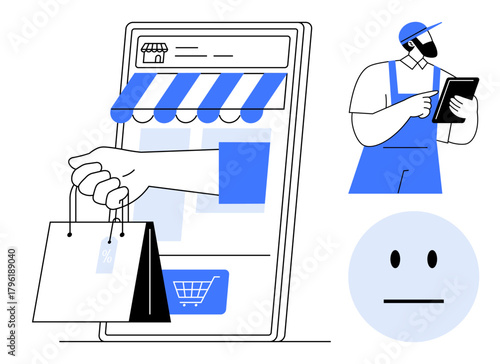 Hand holding shopping bags from smartphone store, delivery person with tablet, and neutral face. Ideal for e-commerce, logistics, delivery, mobile retail, customer service, technology and commerce