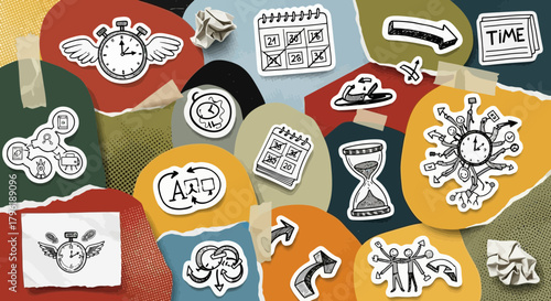 Creative Collage Illustration Showcasing Time Management and Productivity Concepts
