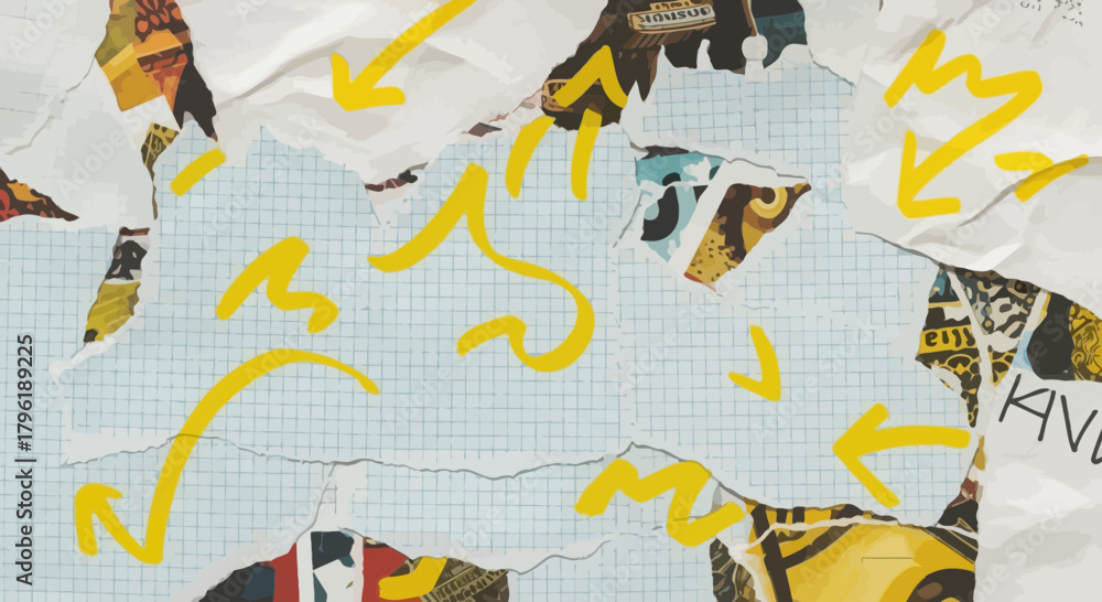 Fototapeta premium Dynamic mixed media collage featuring vibrant yellow arrows on torn paper background