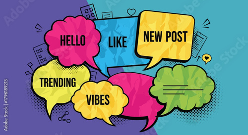 Vibrant Pop Art Style Illustration of Social Media Message Bubbles with Greetings