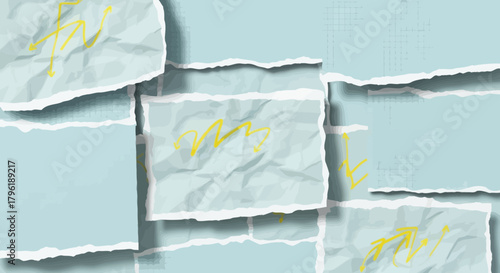 Abstract background with crumpled and torn paper pieces, light blue and yellow colors