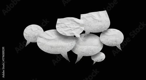 Abstract speech bubbles with crumpled paper texture and halftone effect background