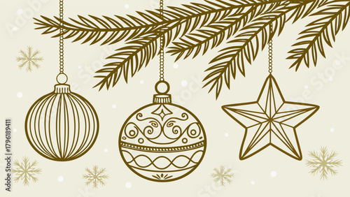 Golden holiday décor set with metallic baubles, glitter ribbon bows, sparkling tinsel, and festive bells arranged in a stylish flat lay.