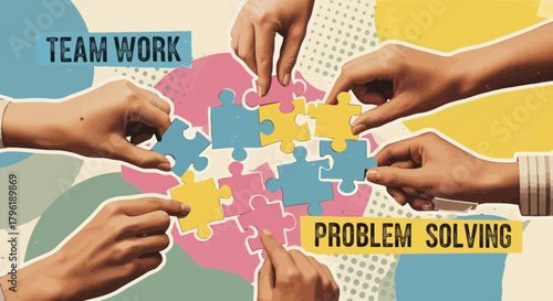 Hands collaboration assembling jigsaw puzzle, symbolizing teamwork and solutions