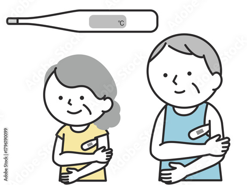 体温計をわきの下に挟んで体温計測をするシニアの男性と女性のイラスト　体調チェックや健康管理の医療イメージ

