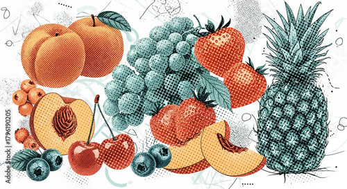 Vibrant halftone fruit illustration with pineapple, peaches, grapes, and strawberries