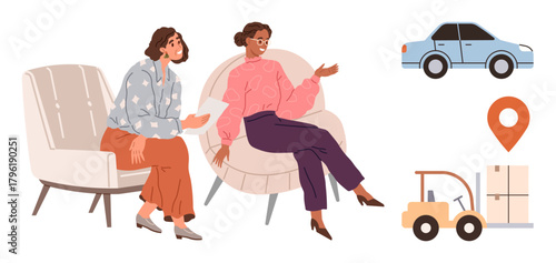 Two women in conversation seated in modern chairs, accompanied by illustrations of a car, forklift, fridge, and location marker. Ideal for relocation, logistics, teamwork, discussion planning