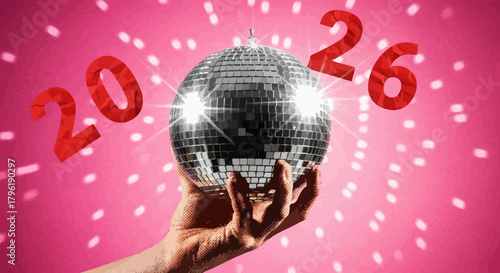 Festive disco ball held in hand, celebrating the arrival of the year 2026