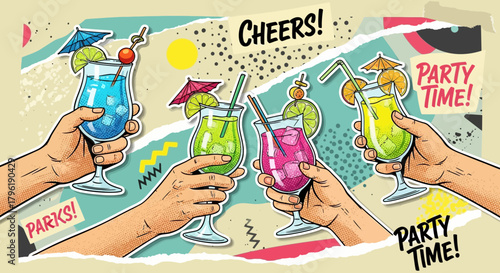 Cheers to Good Times: Retro Style Cocktail Celebration with Vibrant Colors and Fun