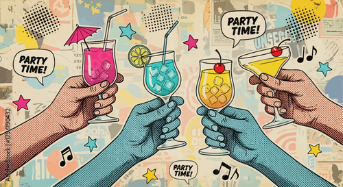 Hands holding cocktails in a pop art style celebrating a vibrant party atmosphere