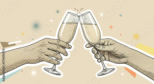 Vintage Illustration of Champagne Toast with Hands and Retro Elements Design