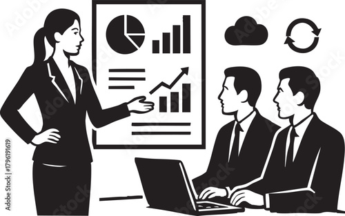 Black Vector Business Team Meeting with Laptop Discussion	