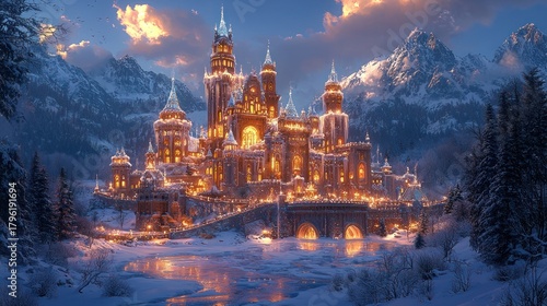 Illuminated fairytale castle in snowy mountains at dusk.