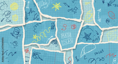 Creative math concept illustration with blue square paper and abstract hand-drawn formula