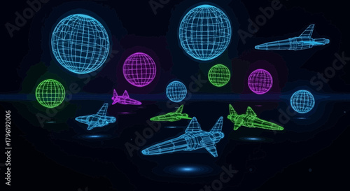 Neon wireframe planes and globes floating in dark space digital background concept