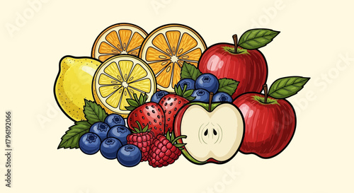Colorful mix of fresh fruits in illustration style isolated on bright background