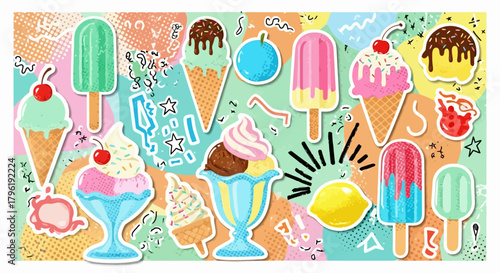 Colorful Summer Treats Illustration with Ice Cream, Popsicles, and Retro Aesthetics