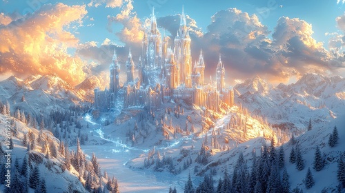 Majestic ice castle on snowy mountain at sunset.